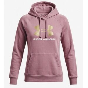 Under Armour Womens 1X Rival Fleece Hoodie Mauve Gold Glitter Logo Pullover XL
